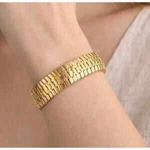 Vintage Gold Link Bracelet Wide Bold Architectural Style 8 Inch TN10